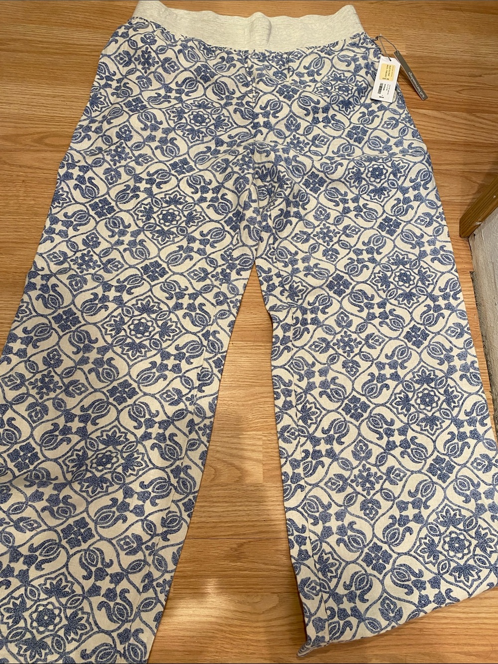 New Women's Blue tile Patterned linen Wide-Leg pants L large
